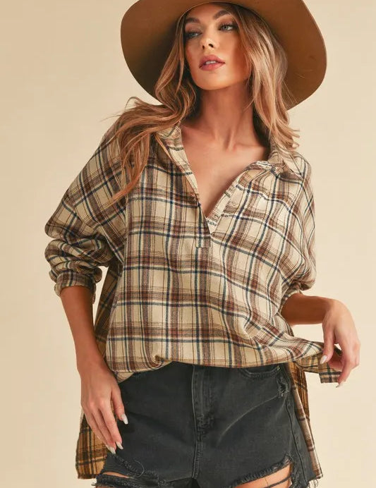 Oatmeal Aemi + Co Side Slit High-Low Plaid Long Sleeve Polo Shirt | Daverri Fashions