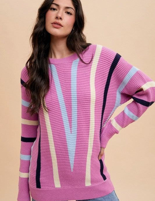 Annie Wear Chevron Stripe Round Neck Ribbed Sweater | Sweaters Daverri Fashions