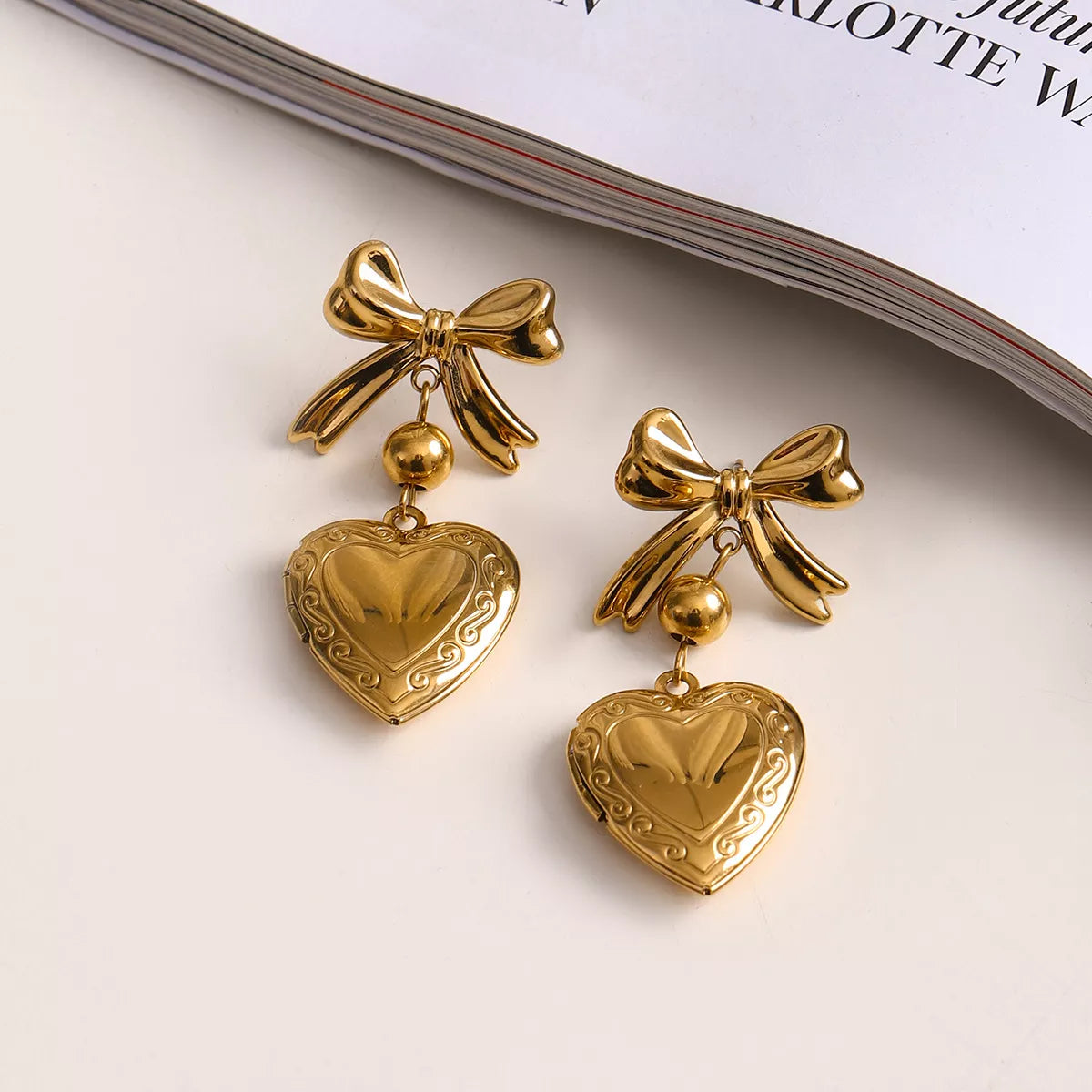 18K Gold-Plated Bow Heart Drop Locket Earrings | Earrings Daverri Fashions