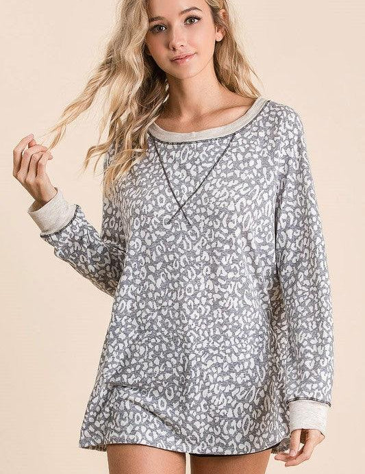 Leopard BiBi Leopard Round Neck Long Sleeve T-Shirt | Daverri Fashions