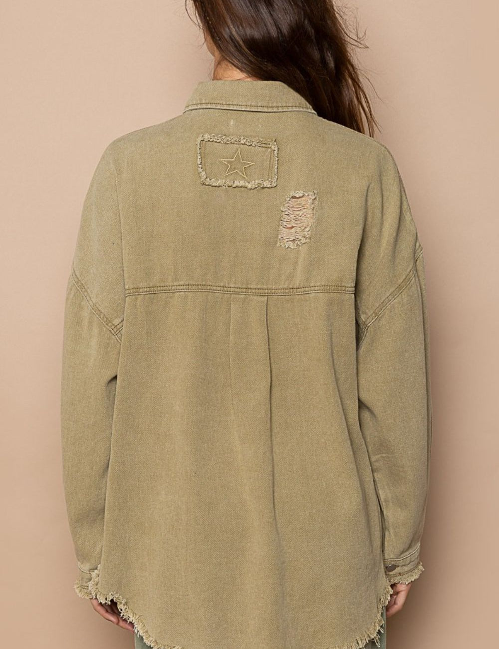 POL Button Down Raw Hem Distressed Shacket | Daverri Fashions