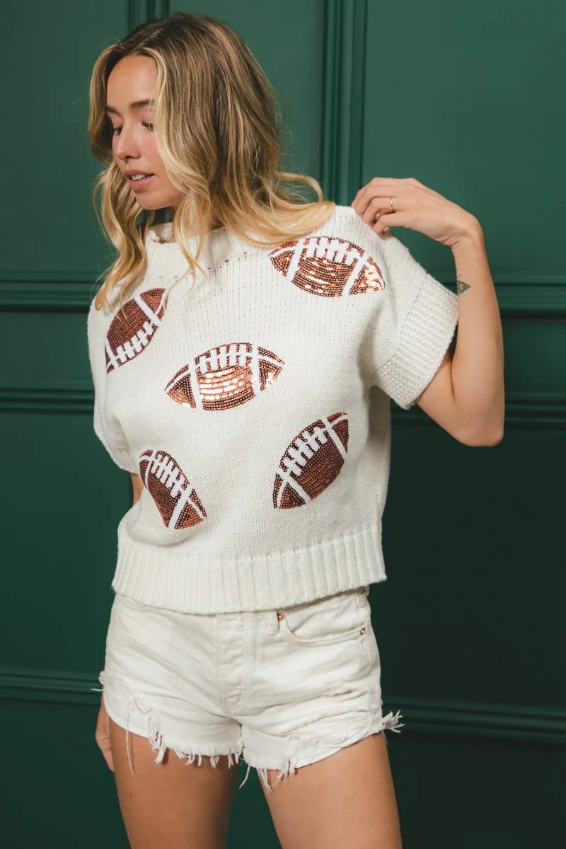 BiBi Gameday Sequin Football Patches Rib Banded Sweater | Sweaters Daverri Fashions