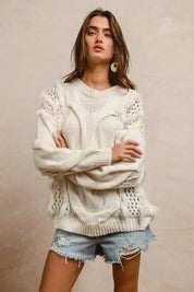 BiBi Faux Fur Detailed Pointelle Cable Knit Sweater | Sweaters Daverri Fashions