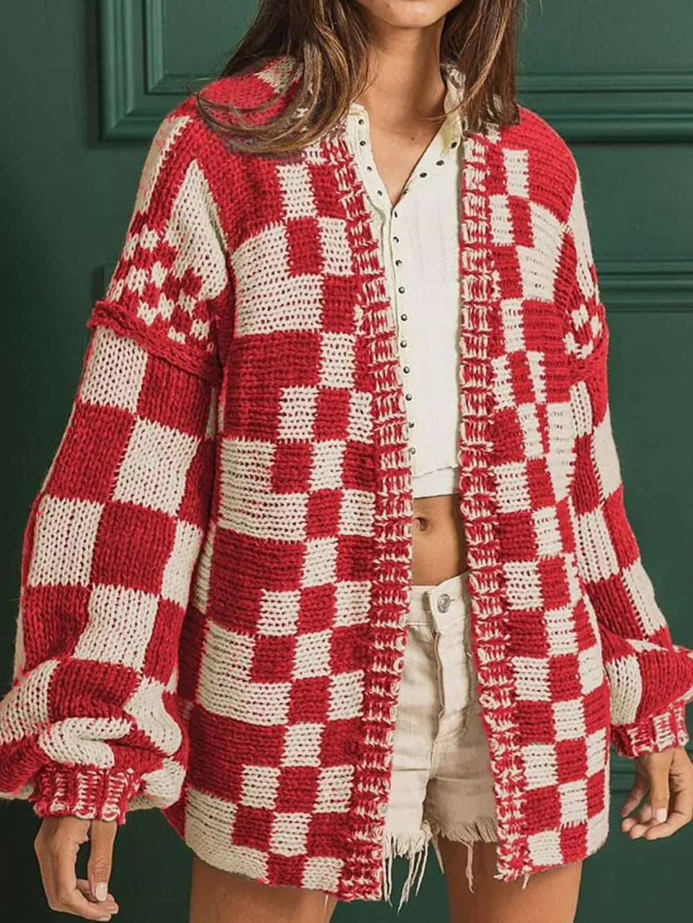 Deep Red Checkered Open Front Long Sleeve Cardigan | Cardigans Daverri Fashions