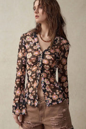 Black Floral Button-Front Shirt with Bell Sleeves | Shirts Daverri Fashions