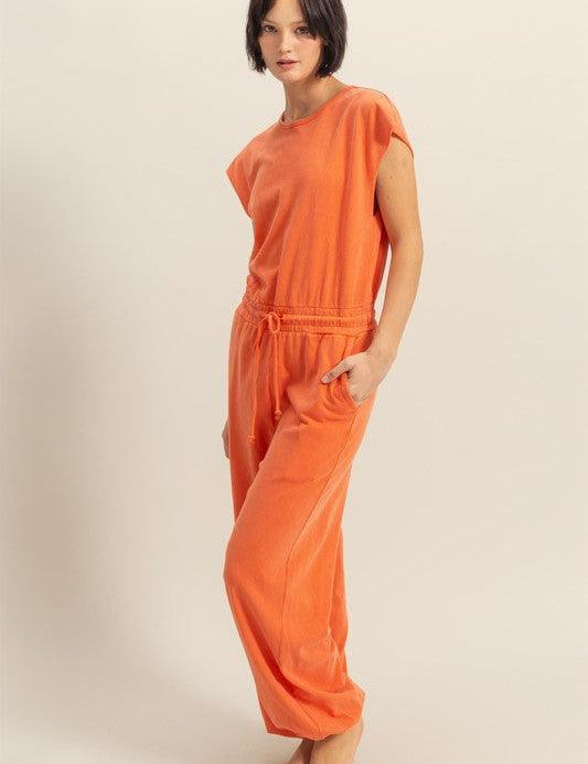 HYFVE Back Keyhole Round Neck Cap Sleeve Drawstring Jumpsuit | Daverri Fashions