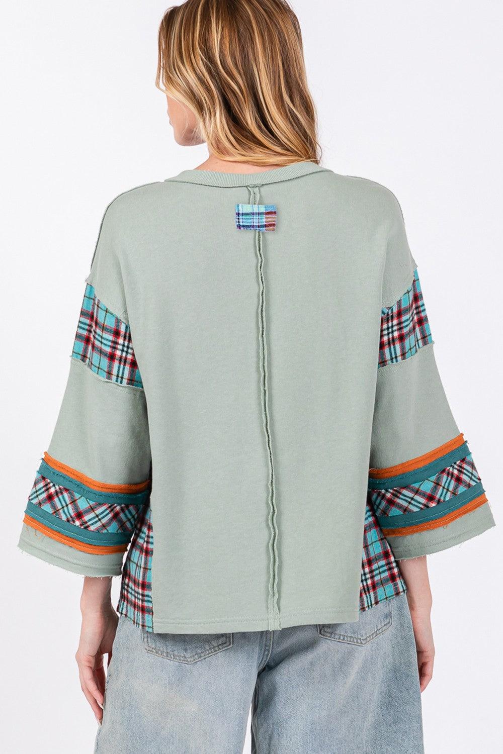 SAGE + FIG Peace Applique Patch Contrast Plaid Top | Tops Daverri Fashions