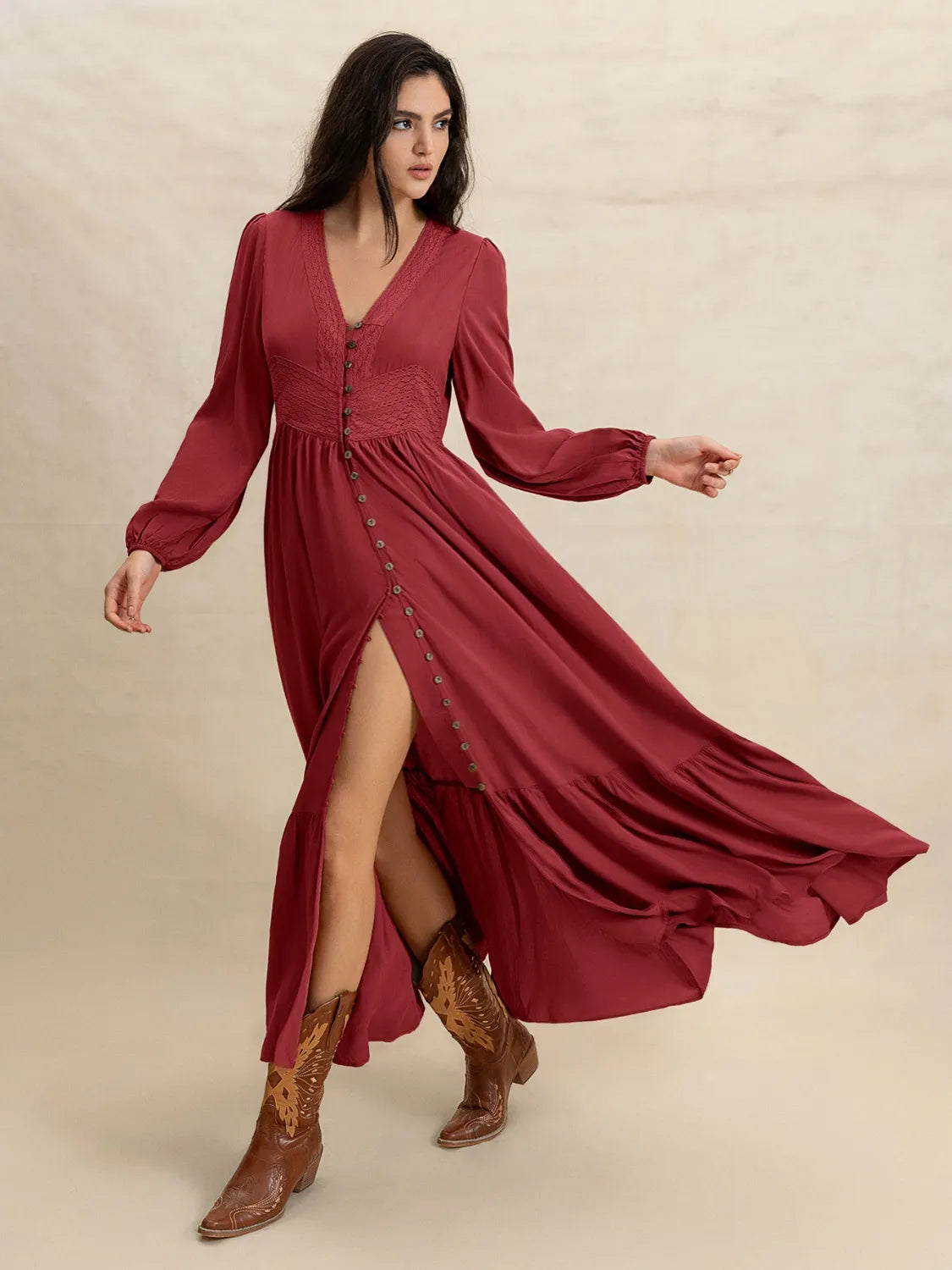 Burgundy V-Neck Balloon Sleeve Ruffled Hem Maxi Dress | Daverri Fashions