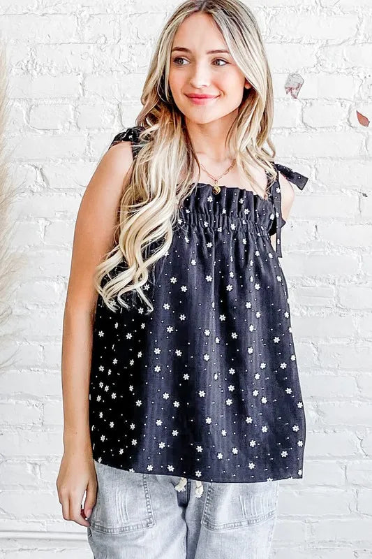 And The Why Daisy Polka Dot Print Ruffle Tank Top | Tops Daverri Fashions