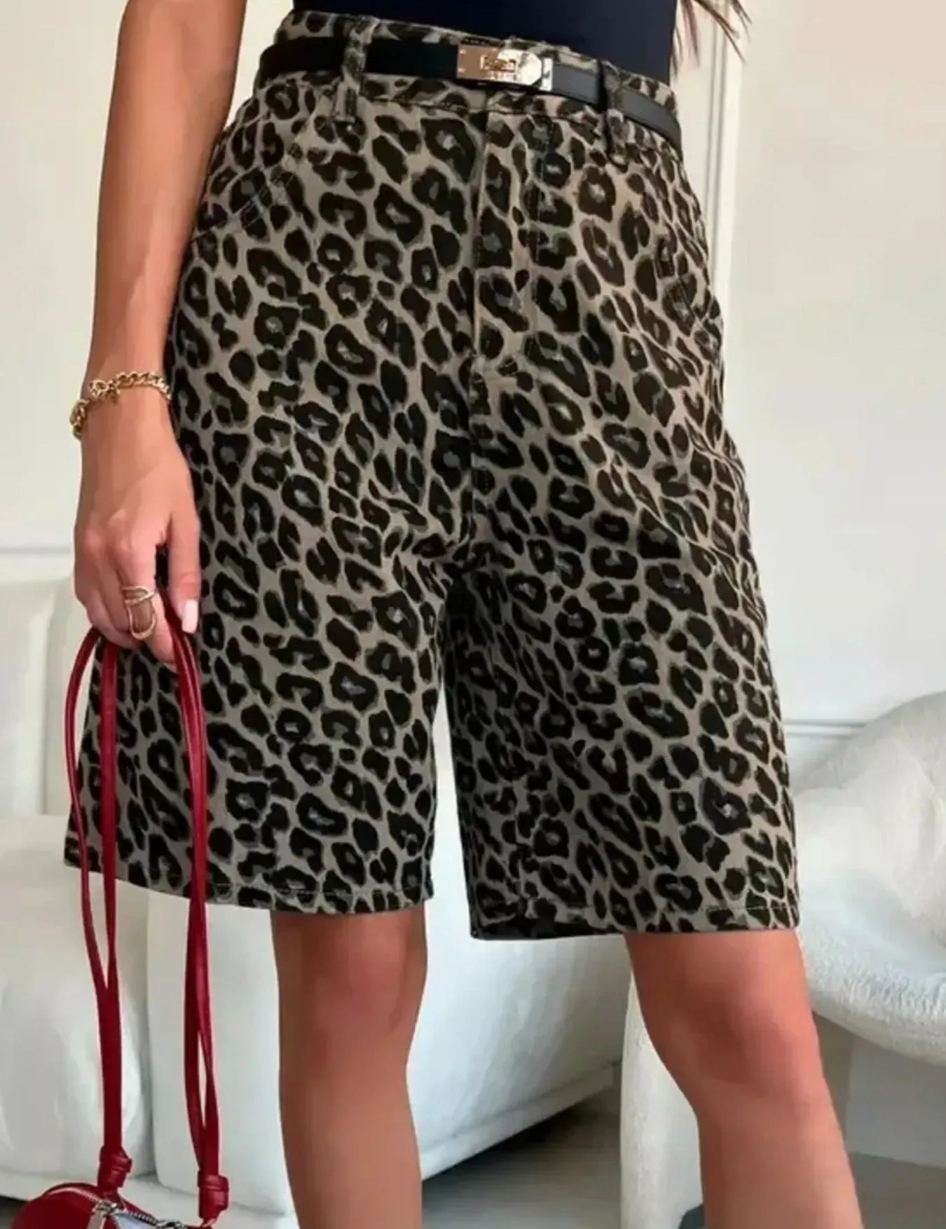 Leopard Print High-Waisted Denim Shorts | Shorts Daverri Fashions