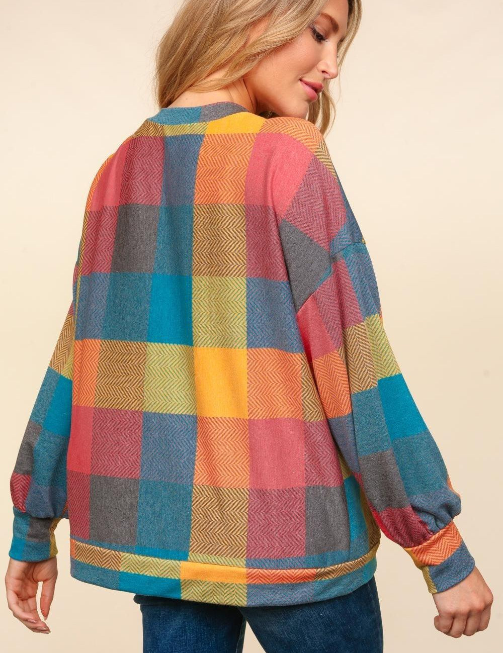 Haptics Round Neck Color Block Plaid Top | Tops Daverri Fashions