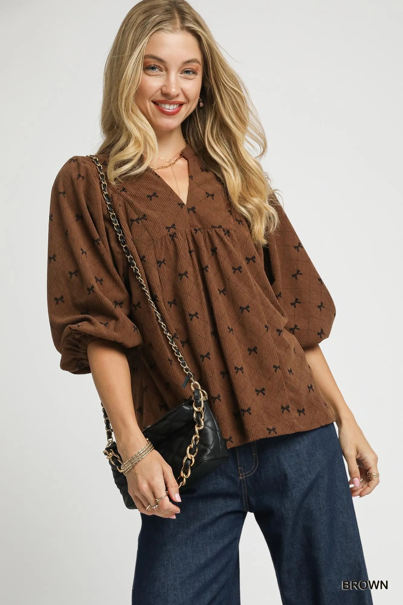 Brown Umgee Corduroy Bow Print Balloon Sleeve Blouse | Daverri Fashions