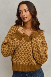 CARAMEL BROWN SO ME Color Block Textured Christmas Sweater V Neck Top | Sweaters Daverri Fashions