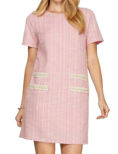 Blush Pink She + Sky Pink Short Sleeve Pearl Studded Trim Knit Tweed Dress | Mini Dresses Daverri Fashions
