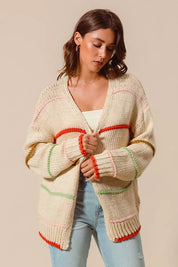 SO ME Loose Fit Multi Stripe Open Front Cardigan | Daverri Fashions