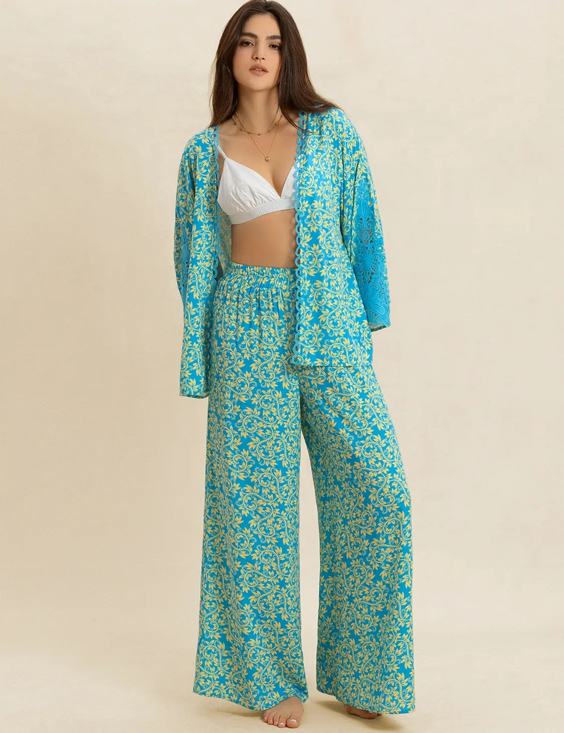 Open Front Printed Top and Pants Set | Loungewear Sets Daverri Fashions