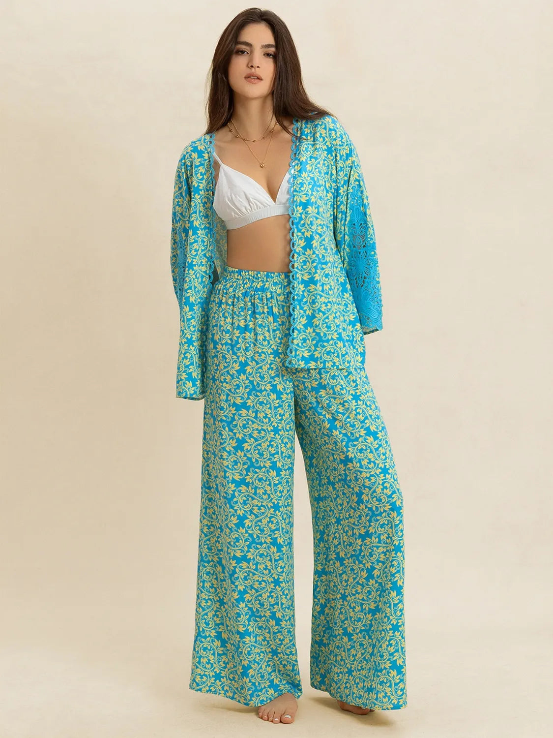 Open Front Printed Top and Pants Set | Loungewear Sets Daverri Fashions