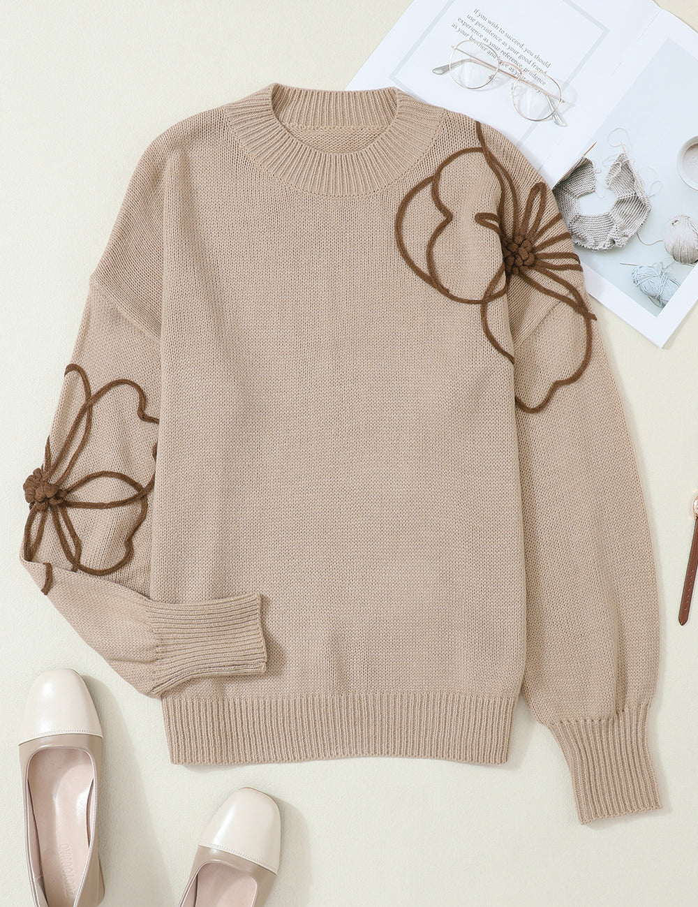 Dust Storm Floral Round Neck Drop Shoulder Sweater | Sweaters Daverri Fashions