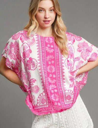 Hot Pink Umgee Plus Size Floral Border Print Oversized Top | Tops Daverri Fashions