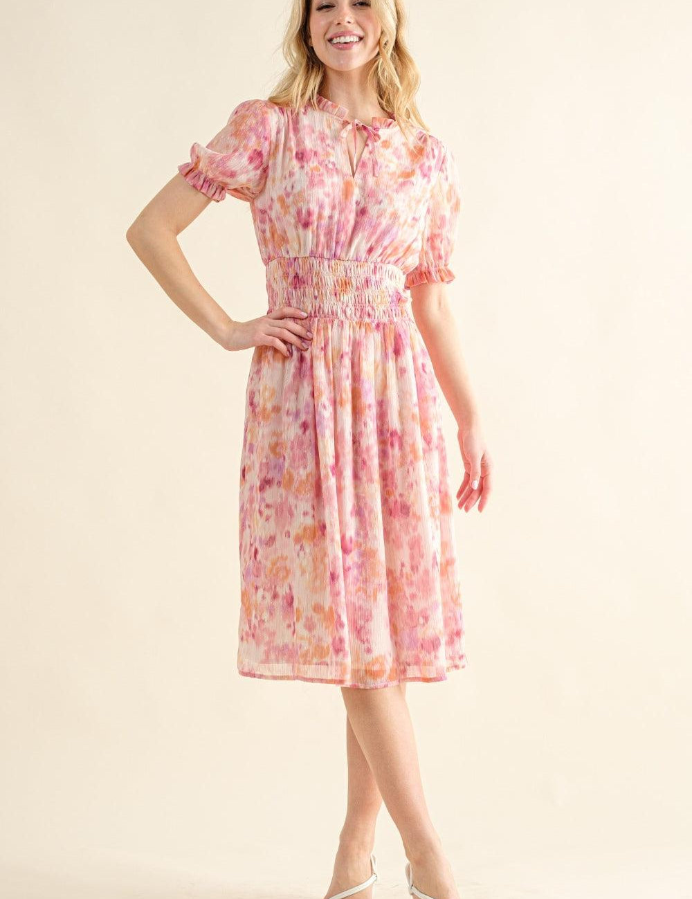 Pink Multi And The Why Full Size Smocked Waist Printed Midi Dress | Daverri Fashions