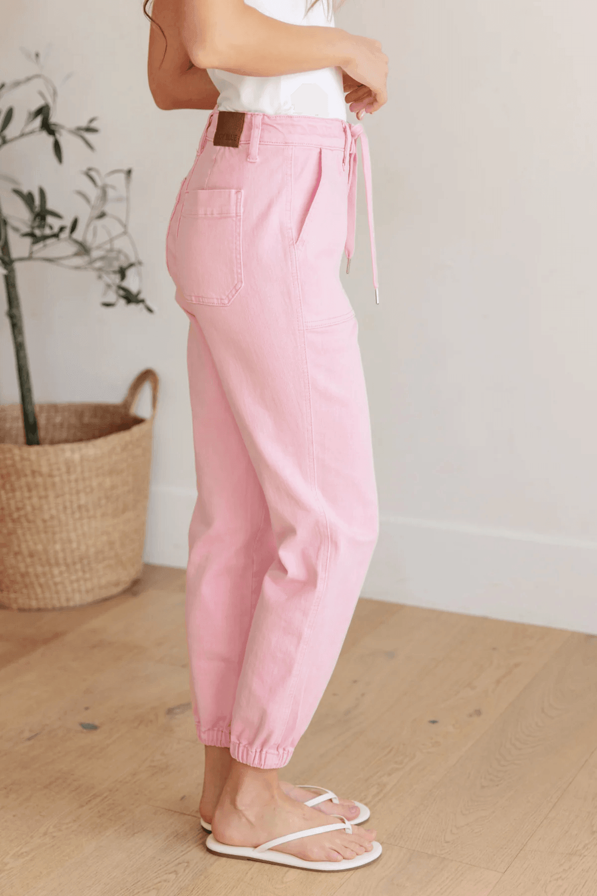 High Rise Pink Denim Joggers | Denim Joggers Daverri Fashions