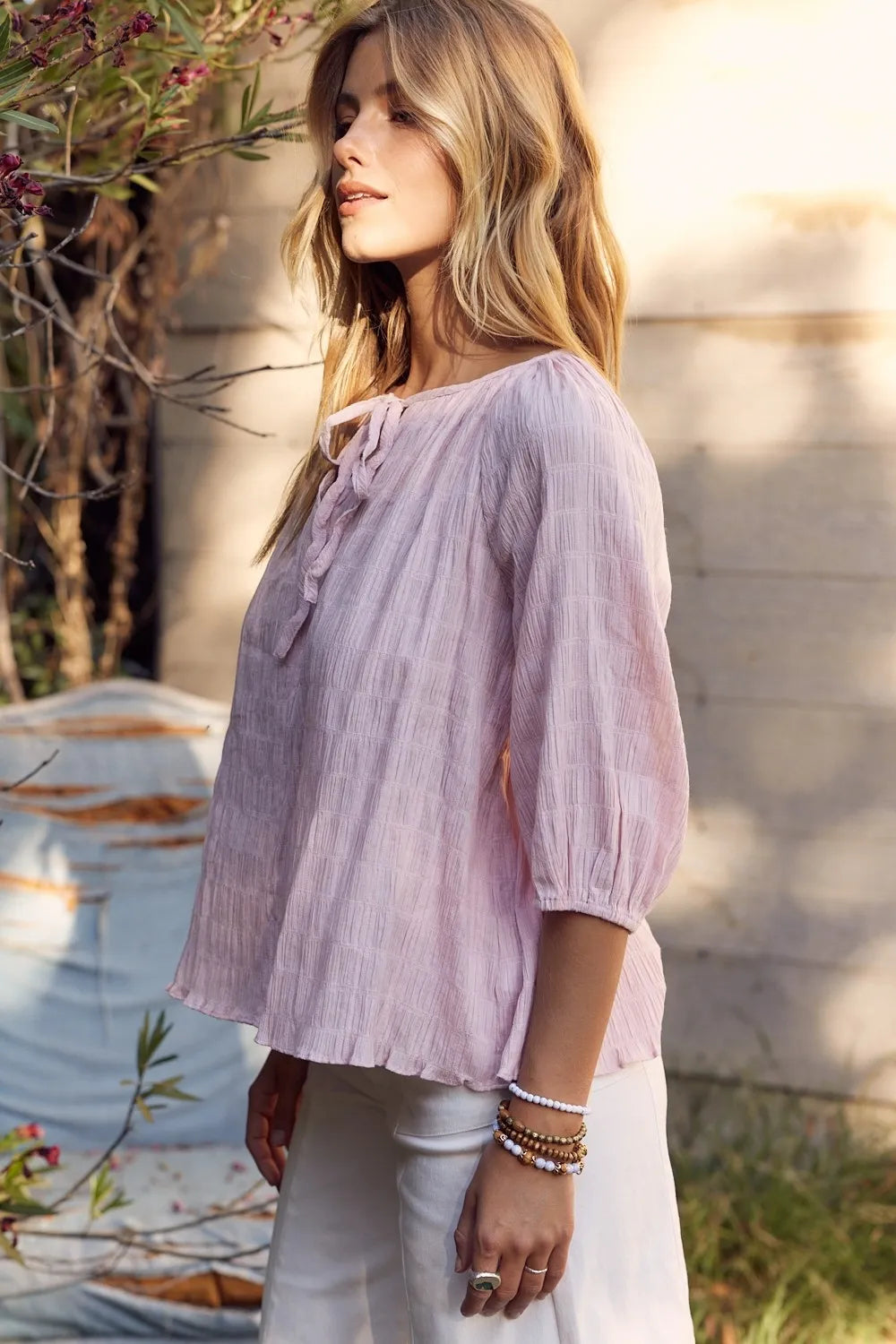 In February Textured Tie Neck Blouse | Daverri Fashions