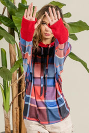 BiBi Plaid Mirr Brushed Rib Contrast Thumb Open Hoodie | Hoodies Daverri Fashions