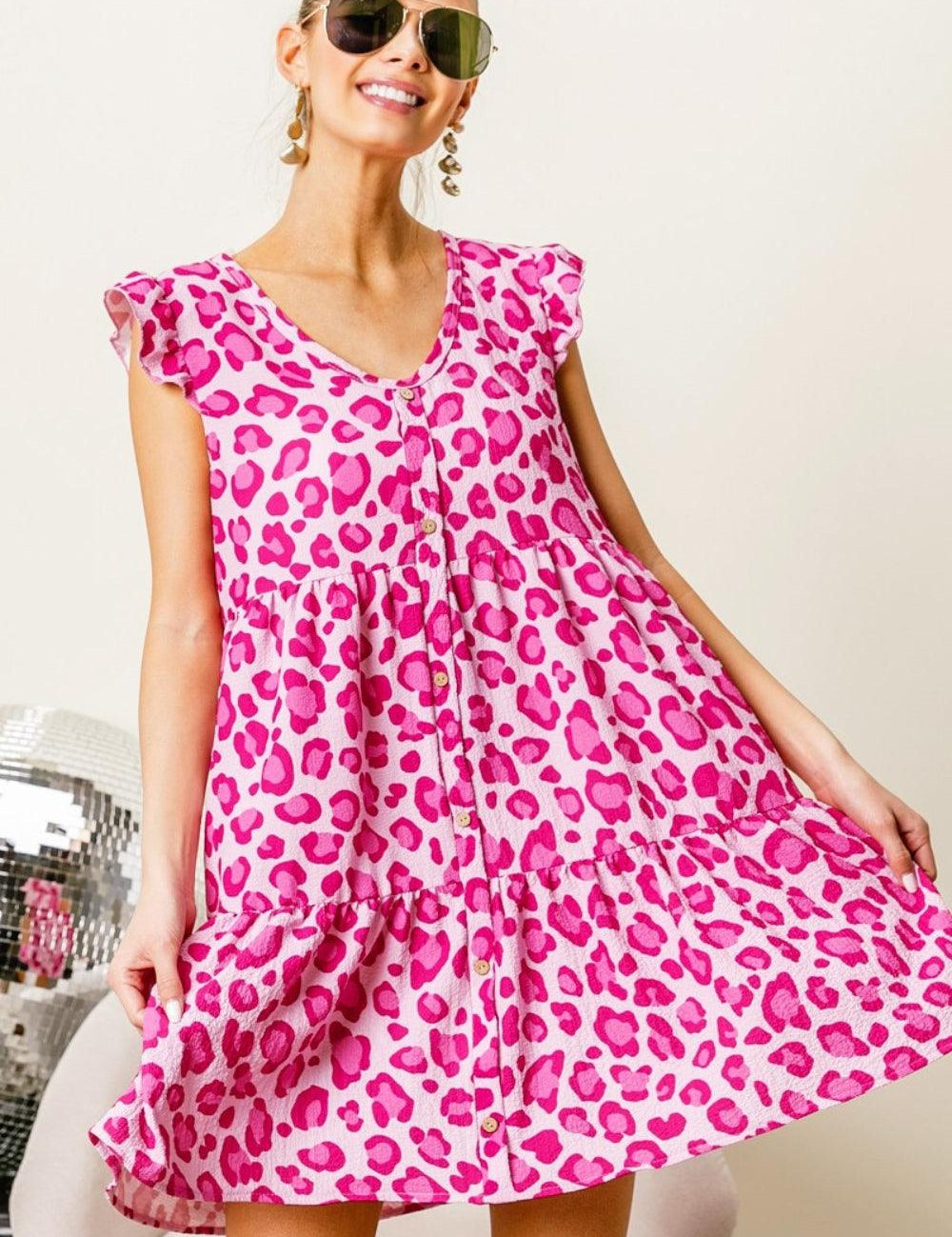 Pink Fuchsia BiBi Leopard Cap Sleeve Tiered Mini Dress | Mini Dresses Daverri Fashions
