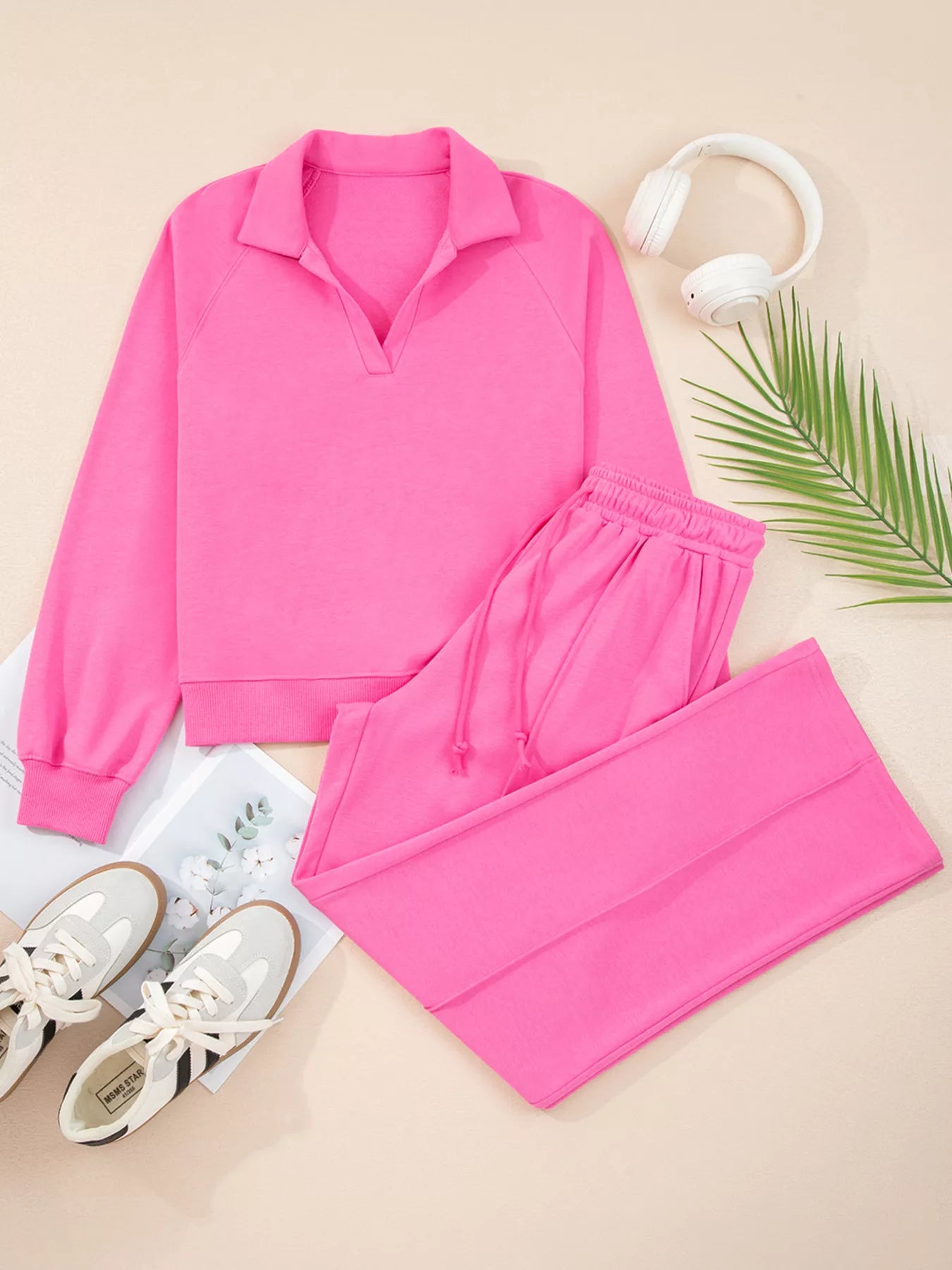 Solid Color Collared Pullover and Central Seam Pants Set | Loungewear Sets Daverri Fashions