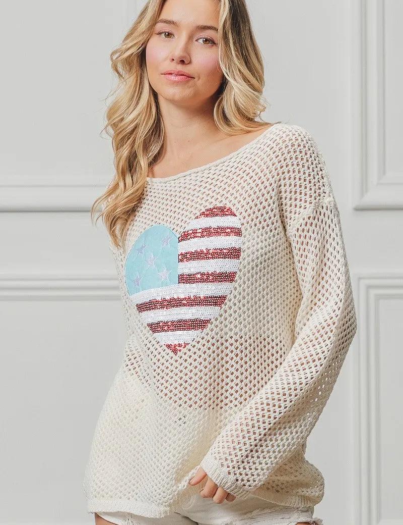 BiBi Sequin American Flag Heart Knit Cover-Up | Cover-Ups Daverri Fashions