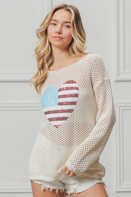 BiBi Sequin American Flag Heart Knit Cover-Up - DAVERRI FASHIONS