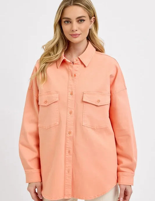 Watermelon pink RISEN Full Size Button Down Long Sleeve Denim Shacket with Chest Pockets Plus Size | Daverri Fashions