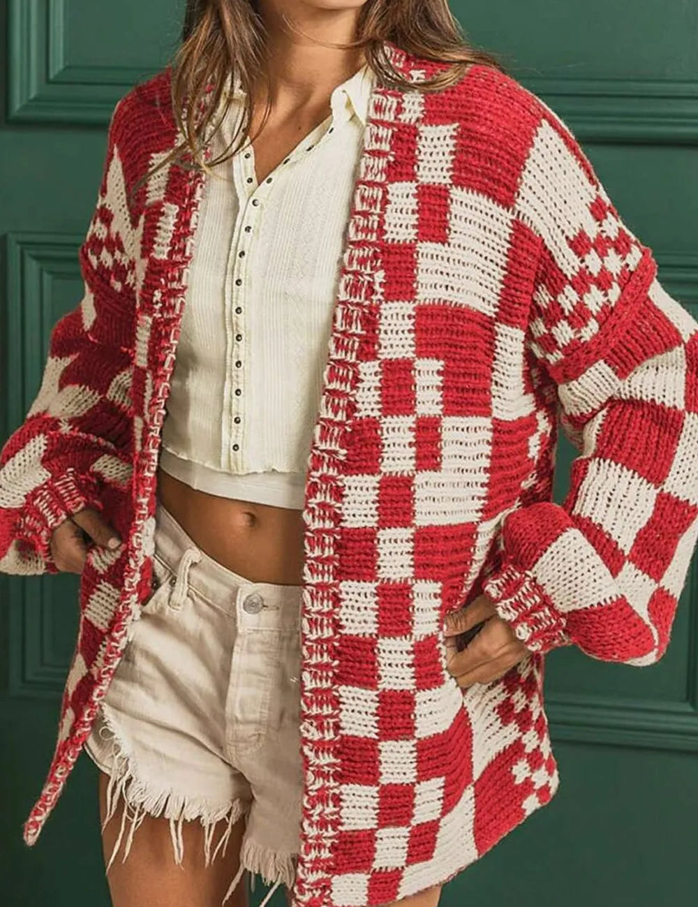 Checkered Open Front Long Sleeve Cardigan | Cardigans Daverri Fashions