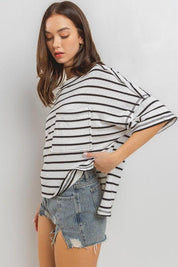 Ces Femme Side Slit Striped Round Neck Half Sleeve T-Shirt | T-Shirts Daverri Fashions