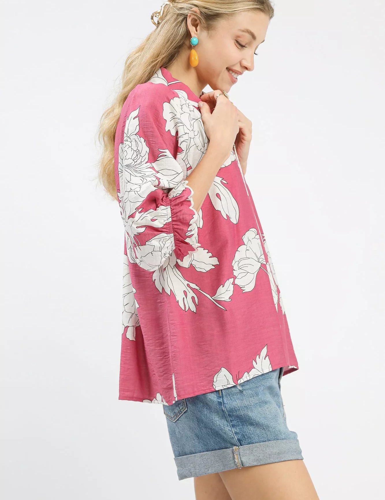 Umgee Peony Illustration Print Flounce Sleeve Blouse | Blouses Daverri Fashions