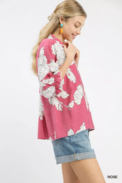 Umgee Peony Illustration Print Flounce Sleeve Blouse | Blouses Daverri Fashions