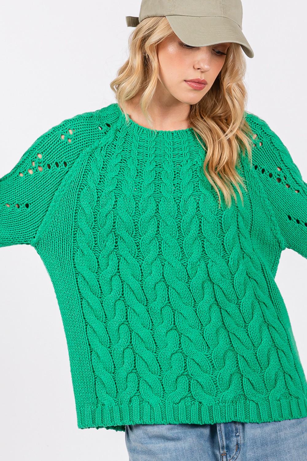 SAGE + FIG Cable-Knit Long Sleeve Sweater Green | Sweaters Daverri Fashions