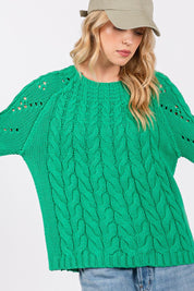 SAGE + FIG Cable-Knit Long Sleeve Sweater Green | Sweaters Daverri Fashions