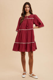 Annie Wear Tassel Contrast Trim Tie Neck Half Sleeve Tiered Dress | Midi Dresses Daverri Fashions