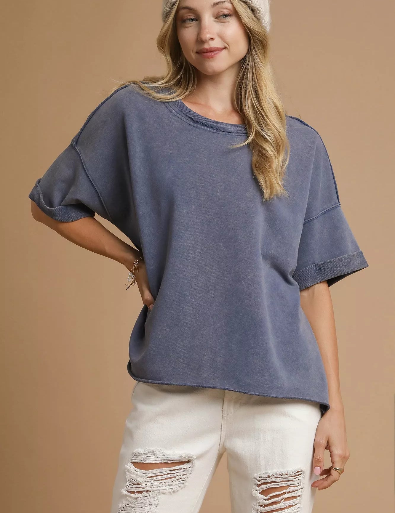 DENIM BLUE Umgee Mineral Wash Round Neck Top Blue | Tops Daverri Fashions