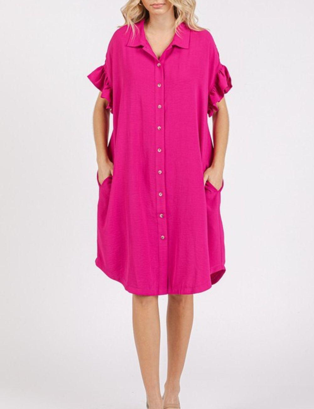 Fuchsia Pink Mittoshop Button Down Flounce Sleeve Dress with Pockets | Daverri Fashions