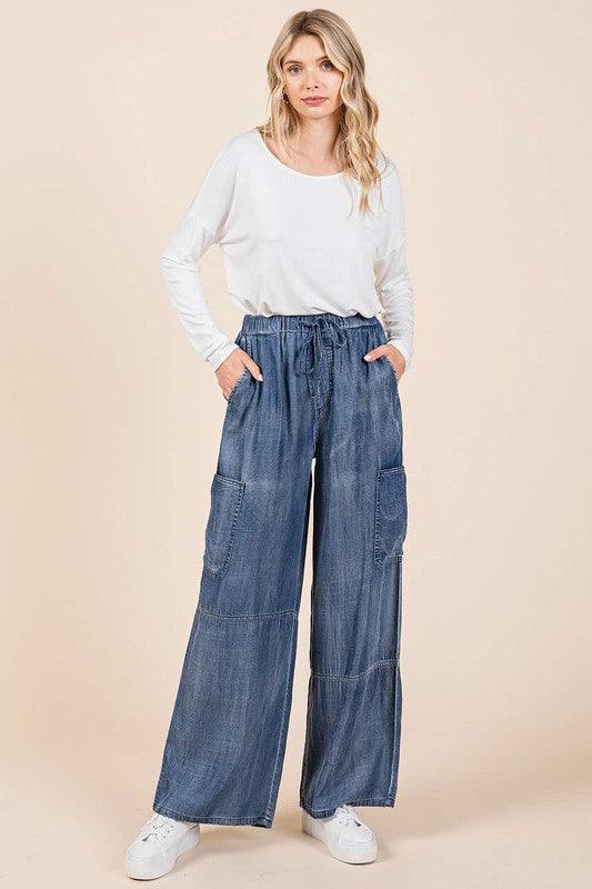 Mittoshop Washed Elastic Waist Cargo Wide Leg Pants | Cargo Pants Daverri Fashions