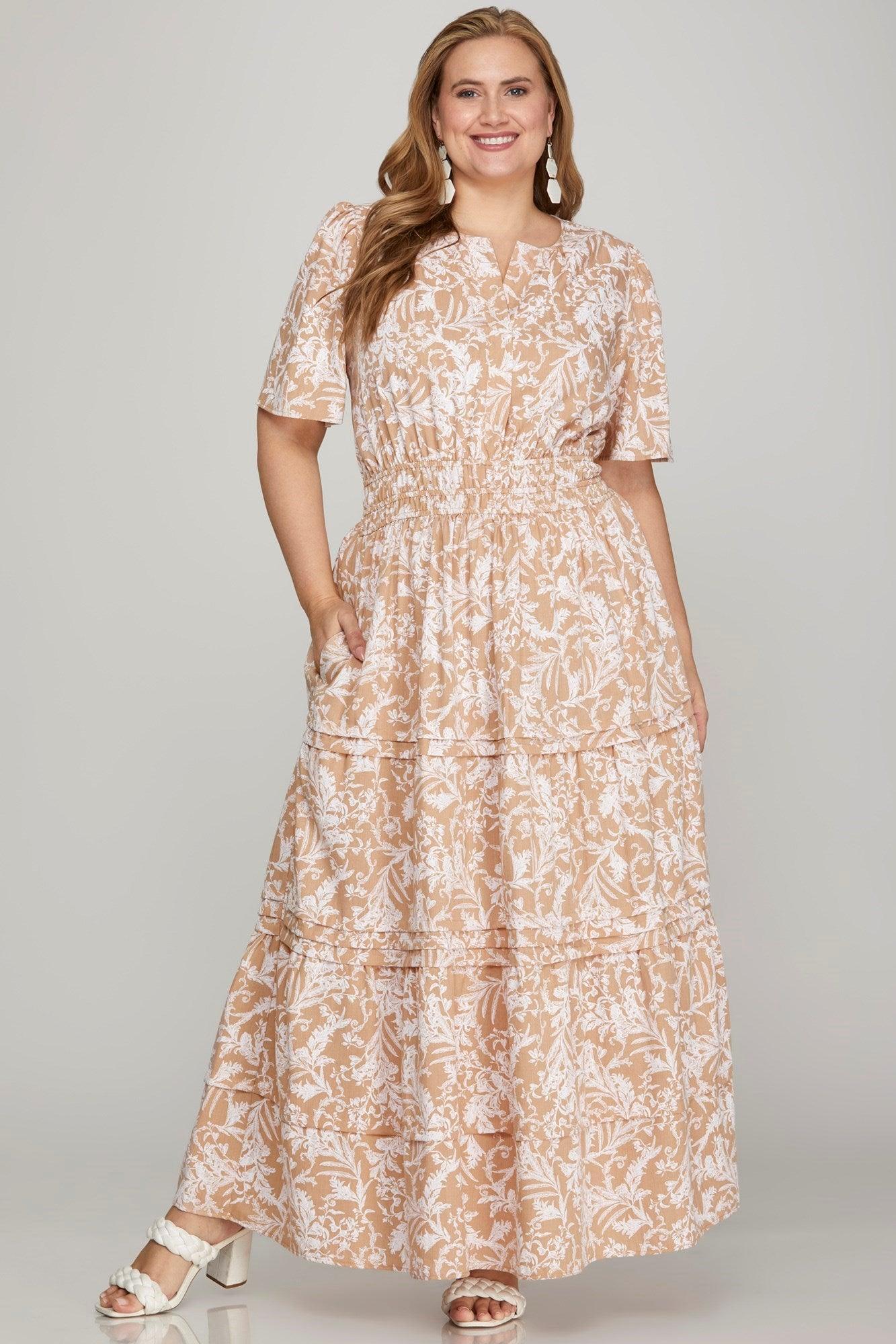 She + Sky Printed Notched Woven Tiered Pintuck Maxi Dress with Side Pockets | Daverri Fashions
