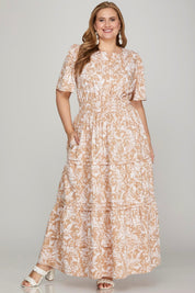 She + Sky Printed Notched Woven Tiered Pintuck Maxi Dress with Side Pockets | Daverri Fashions
