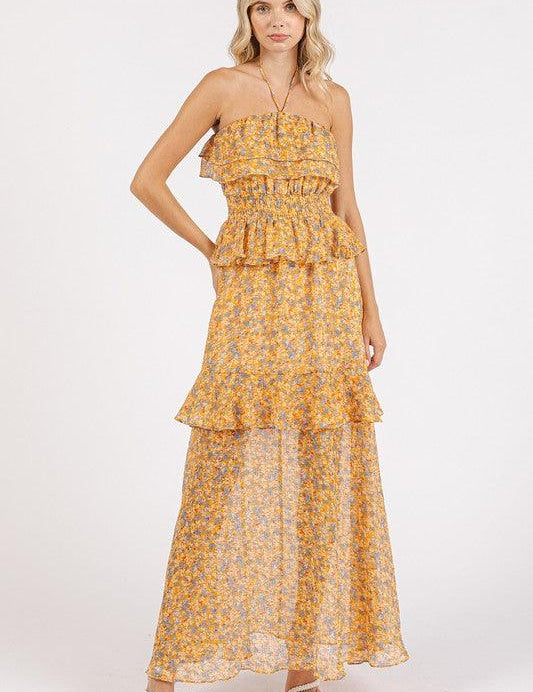 Tangerine Mittoshop Ruffled Smocked Floral Halter Neck Maxi Dress | Daverri Fashions