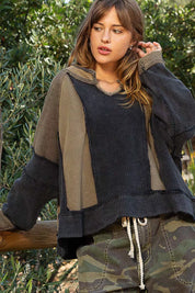 POL Color Block Waffle Knit Raw Hem Sweatshirt | Sweatshirts Daverri Fashions