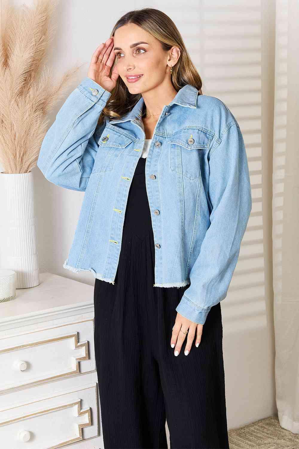 Double Take Dropped Shoulder Raw Hem Denim Jacket | Jackets Daverri Fashions