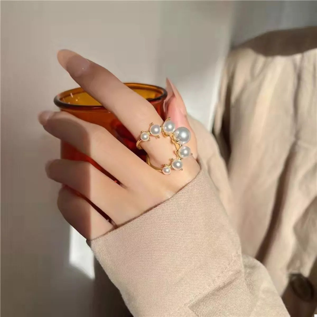 Gold One Size Alloy Pearl Open Ring | Rings Daverri Fashions