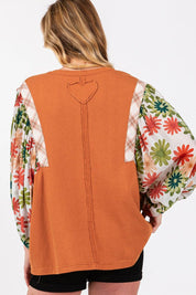 SAGE + FIG Full Size Printed Balloon Sleeve Contrast Top | Tops Daverri Fashions