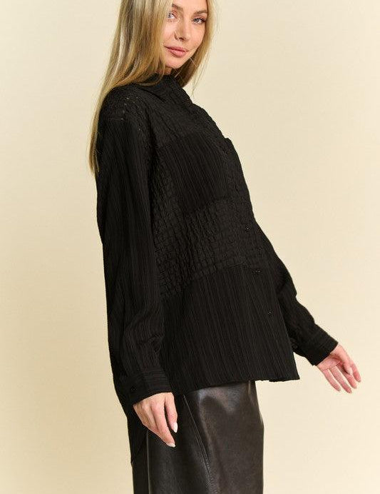 Davi & Dani Crinkled Jacquard Button Down Shirt | Tops Daverri Fashions